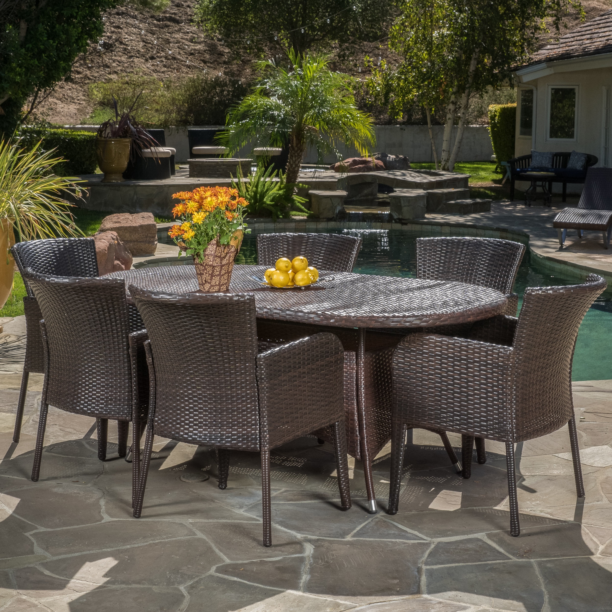 Ramsey 7 Piece Outdoor Oblong Wicker Dining Set, Multibrown - Walmart.com