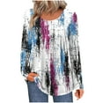 thumbnail image 2 of Craaazy Womens Long Sleeve Tops Casual Pleated Crew Neck Fall Tunic Tops Gifts Button Down Blouse Fashion Printing Loose T-Shirts, 2 of 6