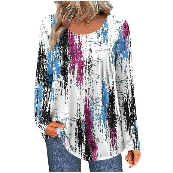 Hueook Jersey Shirts for Women Cotton Long Sleeve Shirt Women Women's Fashion Printing Casual Round Neck Long Sleeve Button Loose T-shirt Top Purple S