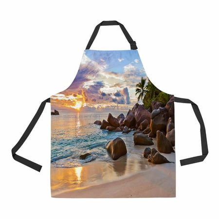 

PKQWTM Seychelles Tropical Beach At Sunset Nature Unisex Adjustable Bib Apron with Pockets for Commercial Restaurant and Home Kitchen Use