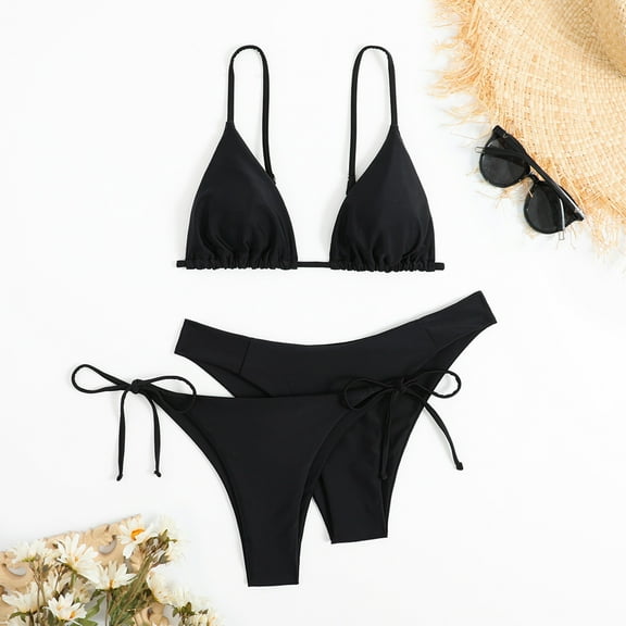 Gubotare Womens Bikini Tops Ribbed Padded String Thong Brazilian Bikini Swimsuit Set for Women Side Tie Knotted Bathing Suit 2 Piece,Black L