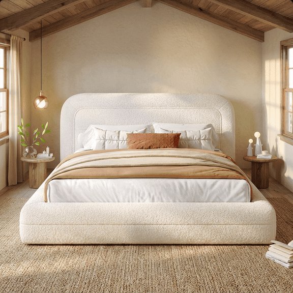 EnHomee Queen Size Cloud Bed Frame with Headboard Boucle Bed Frame with Rounded Corner, White