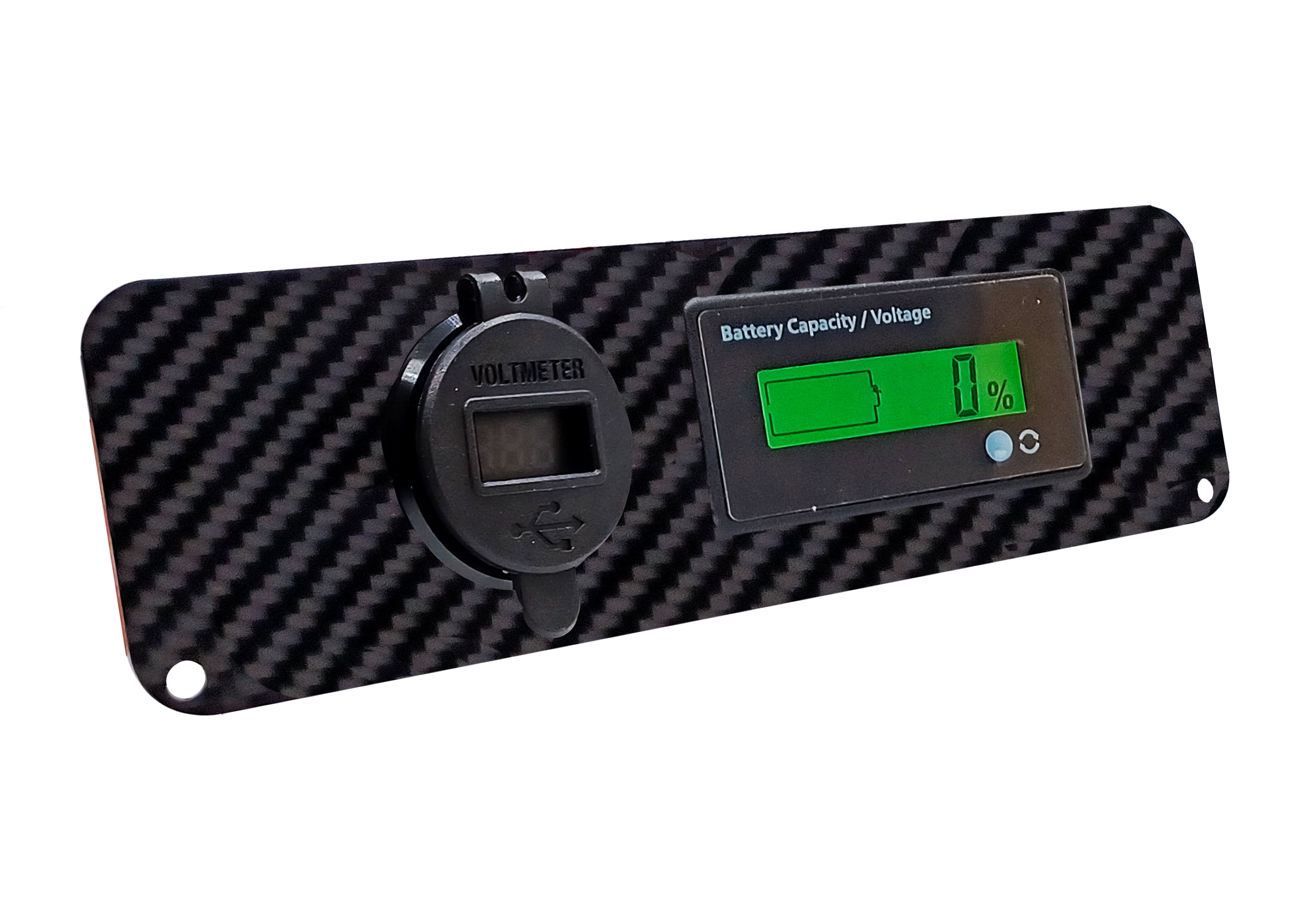 OZ-USA Carbon Fiber Golf Ball Holder Dash Cover Plate with Digital Battery Capacity Meter & Dual USB Port Voltmeter – Compatible with EZGO TXT PDS 36V & 48V Electric Golf Carts