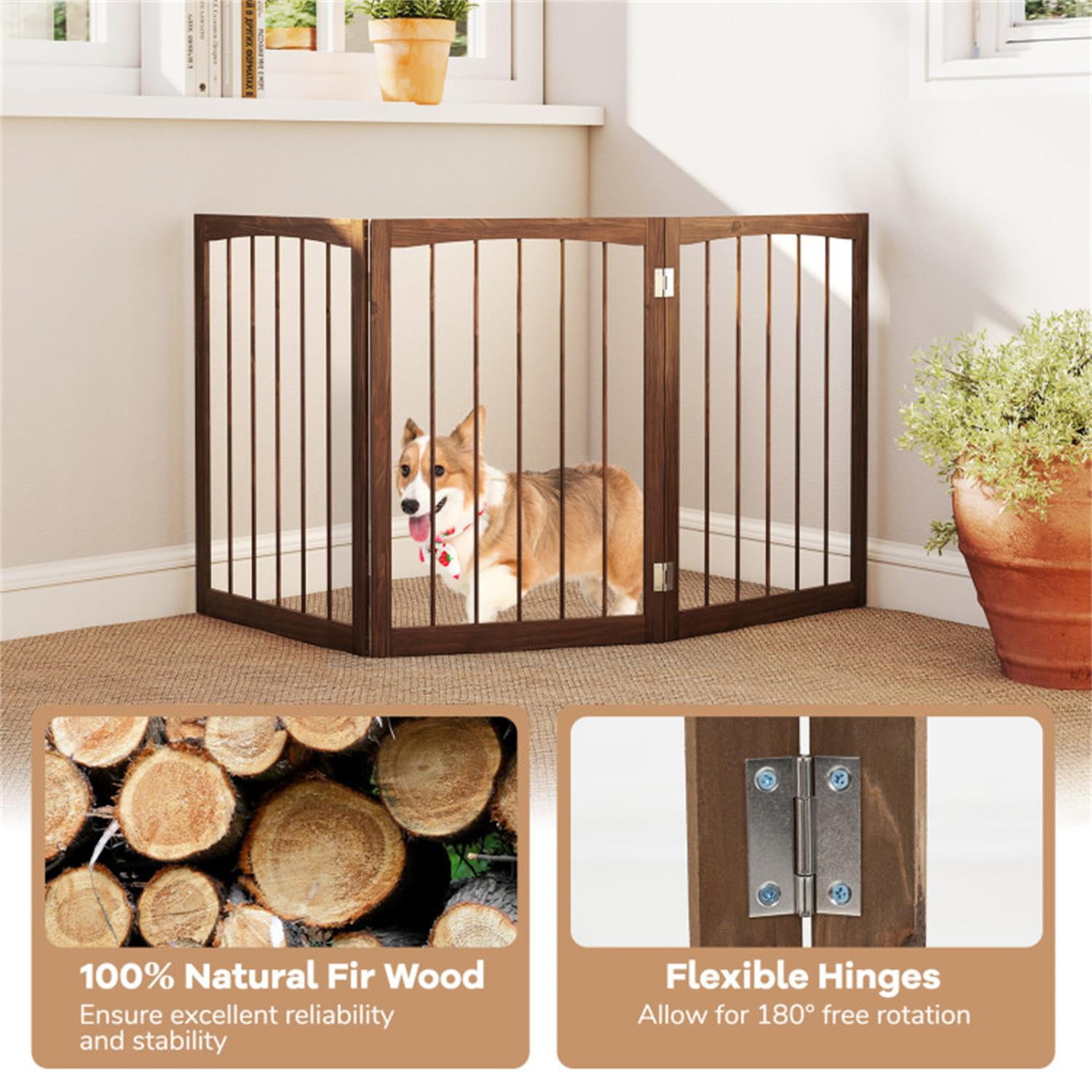 Pefilos 17.5" Freestanding Pet Dog Gate for House Doorway Stairs Indoor Wooden Dog Fence 3 Panels Foldable, Beige