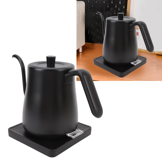 hervidor eléctrico con cuello de cisne, 800 ml, 1000 w, tetera eléctrica, apaguado auticto, hervidor de agua con ergonímico, caldera de agua de calentamiento — Hervidor negro de 800 ml con cuerpo de acero inoxidable 304 y base eléctrica; vista 3/4 frontal con pico de cuello de cisne curvado para control preciso de flujo, asa ergonómica en ángulo, tapa superior y base cuadrada con indicador transparente. Suele utilizarse para vertido manual de café por goteo.