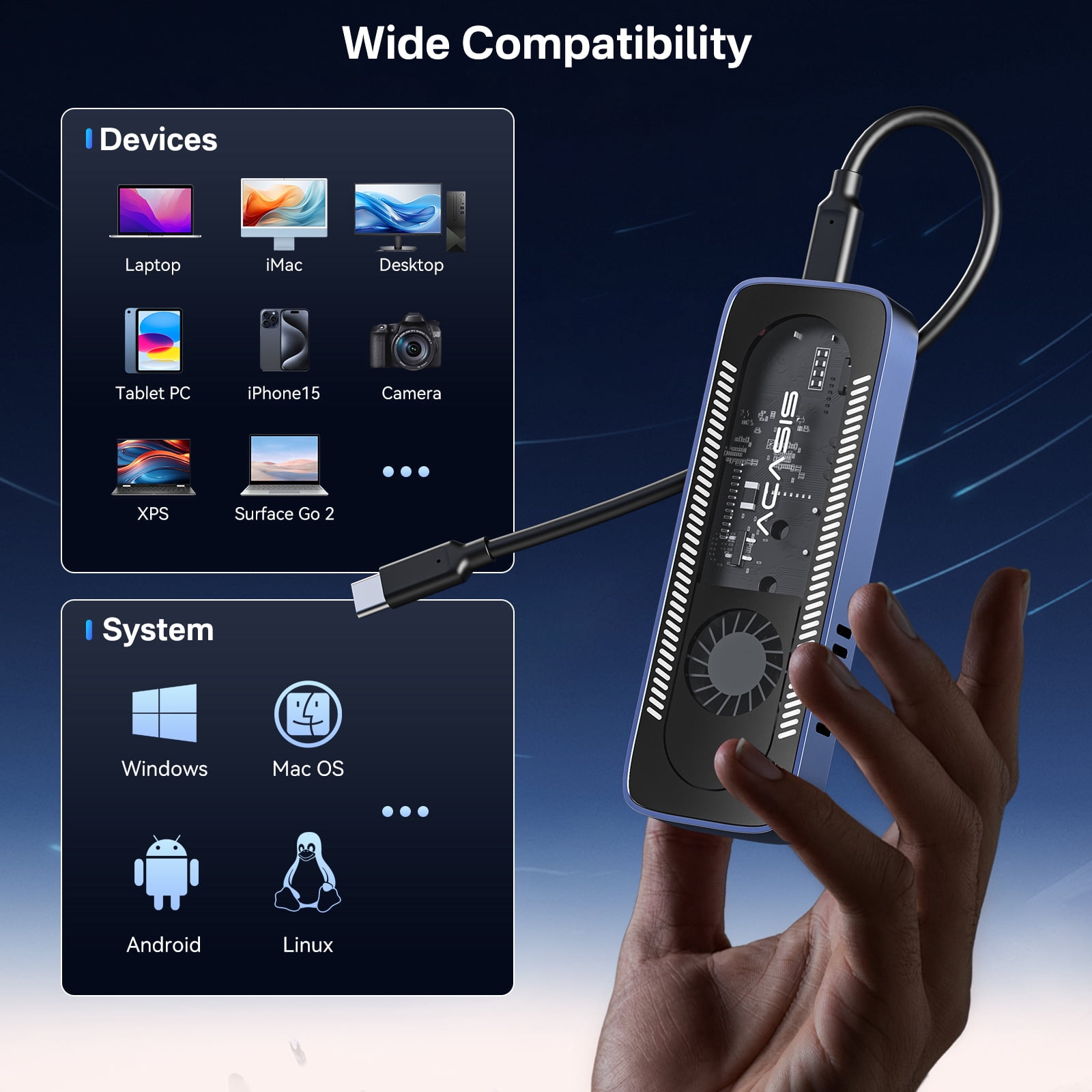 Acasis USB3.1 GEN 2 10Gbps M.2 NVMe/SATA Type-C Tech Style Translucent SSD Enclosure Adapter