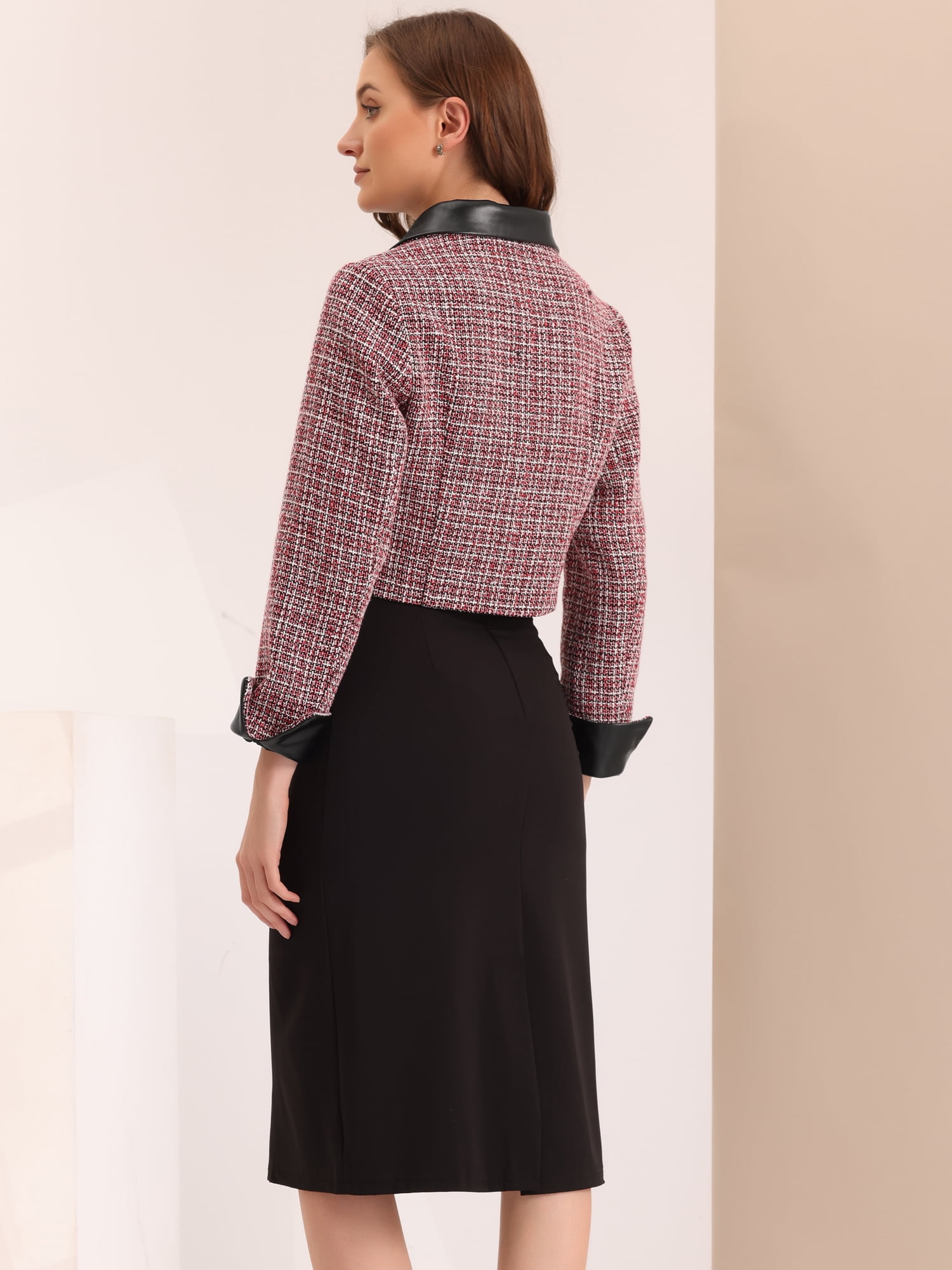 DARING DIVA Women's Lapel Collar Vintage Plaid Tweed Cropped Jackets Blazer XS Red