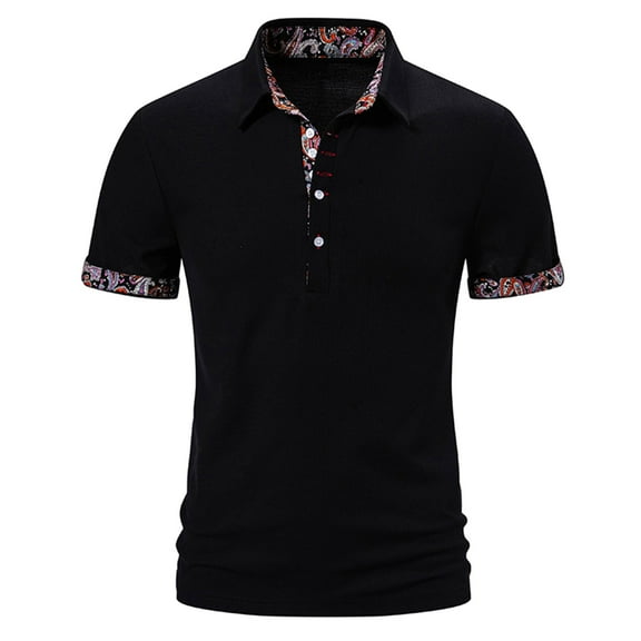 WREESH Men's Stylish Henley in Patchwork Print with Button Turn-Down Collar, Men's Paisley Patchwork Pullover Short Sleeve Top Black