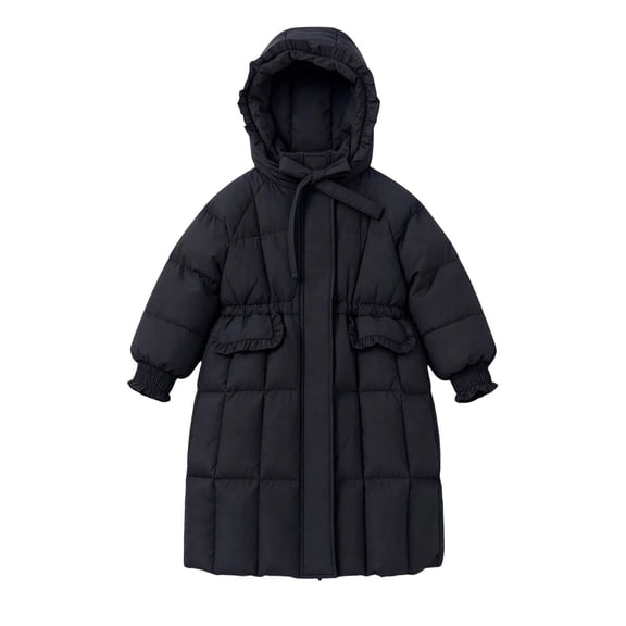 Hellosay Long Puffer Coat Girls Quilted Long Sleeve Hooded Jacket Winter Zip Up Ruffle Tie Front Outwear with Pockets
