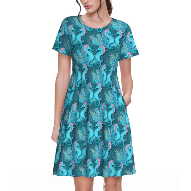Fotbe Seahorse Vestido Largo de Moda para Mujer, Vestido Tipo Camiseta con Manga Corta y Estilo Casual a Rayas y Bloques de Color