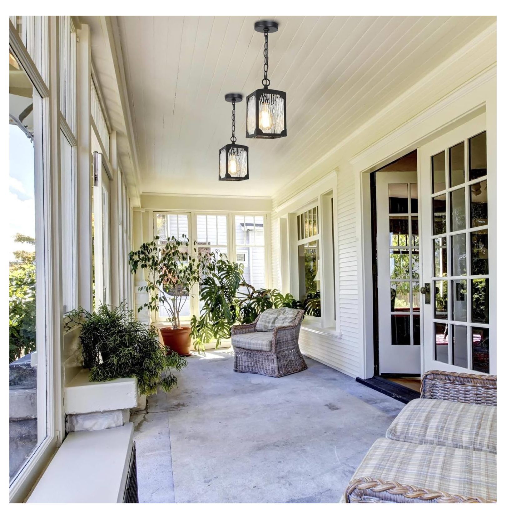 Outdoor Pendant Light Fixture, Farmhouse Exterior Lights, Anti-Rust Ceiling Outdoor Light with Water Ripple Glass, Square Hanging Lantern for Front Door, Entry, Porch, and Gazebo