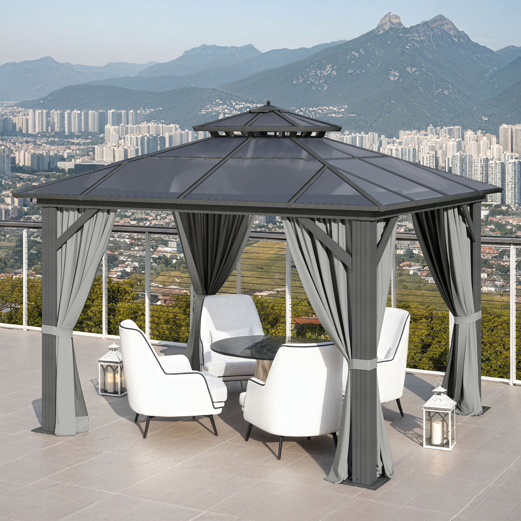 Dextrus 10' x 10' Hardtop Gazebo, Double Roof Polycarbonate Canopy, Outdoor Shelter with Mosquito Netting & Privacy Curtains, Heavy-Duty Metal Frame for Patio, Backyard, Deck and Lawn, Gray