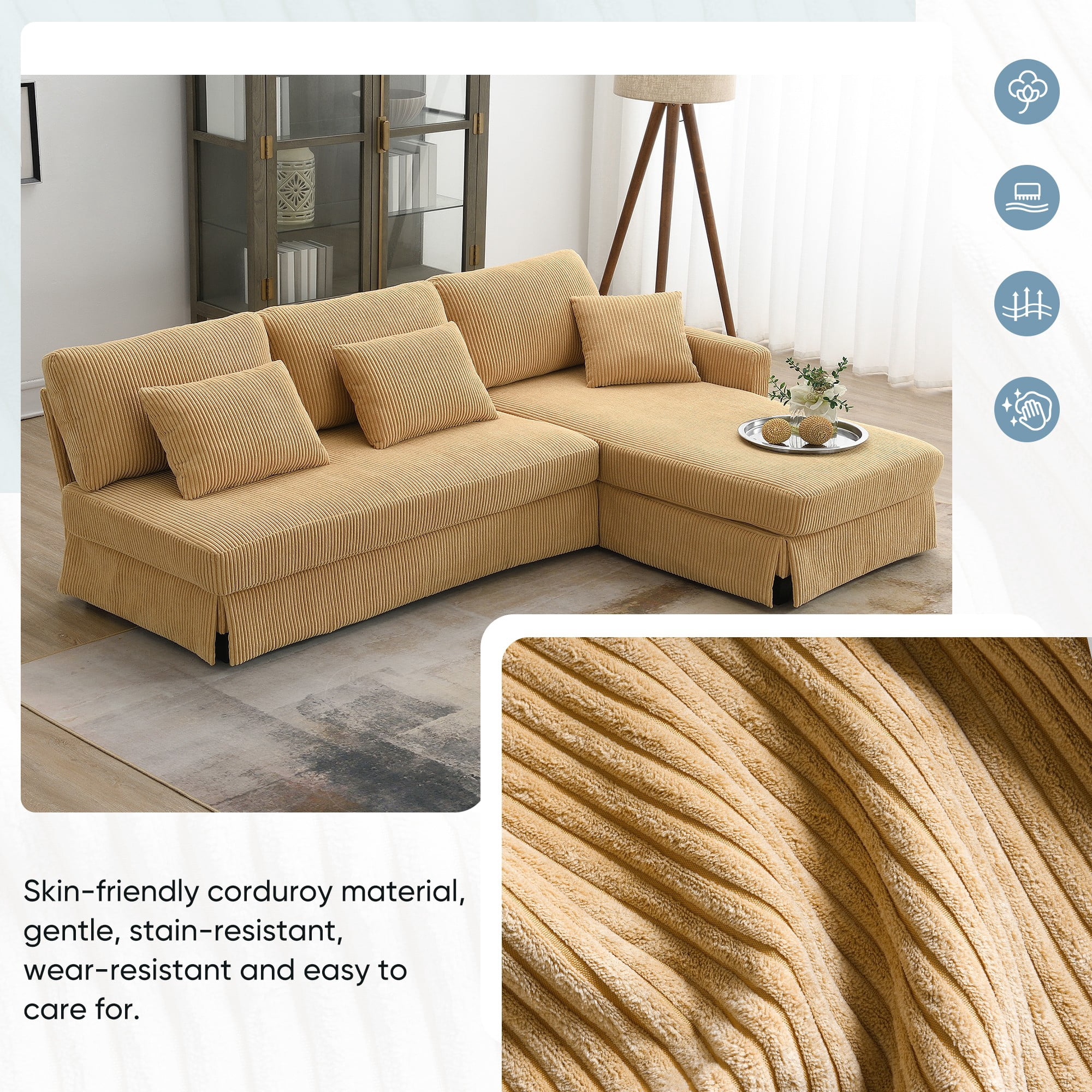 L-shaped Sectional Sofa with Reversible Chaise,4-seat Upholstered Sectional Corduroy Sofa,Convertible Sleeper Couch with Pillows for Living Room,Yellow