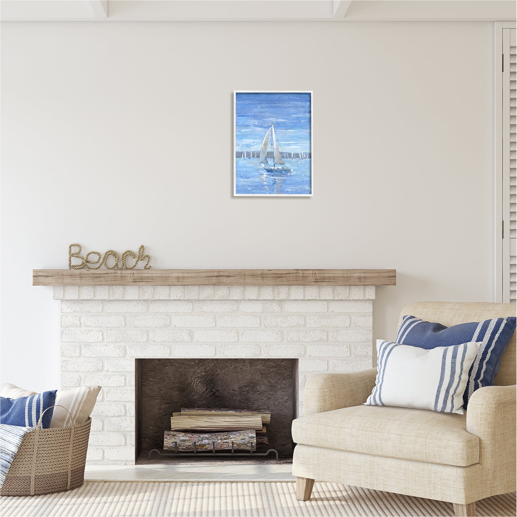 Stupell Industries Blue Sailboat Painting Transportation Painting White Framed Art Print Wall Art, 16 x 20