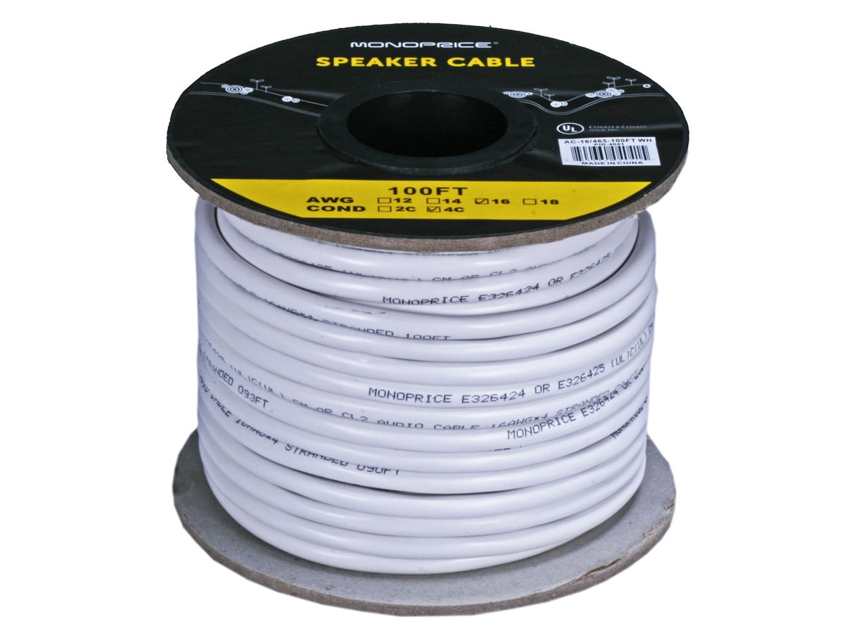 Monoprice Speaker Wire, CL2 Rated, 4-Conductor, 16AWG, 100ft, White