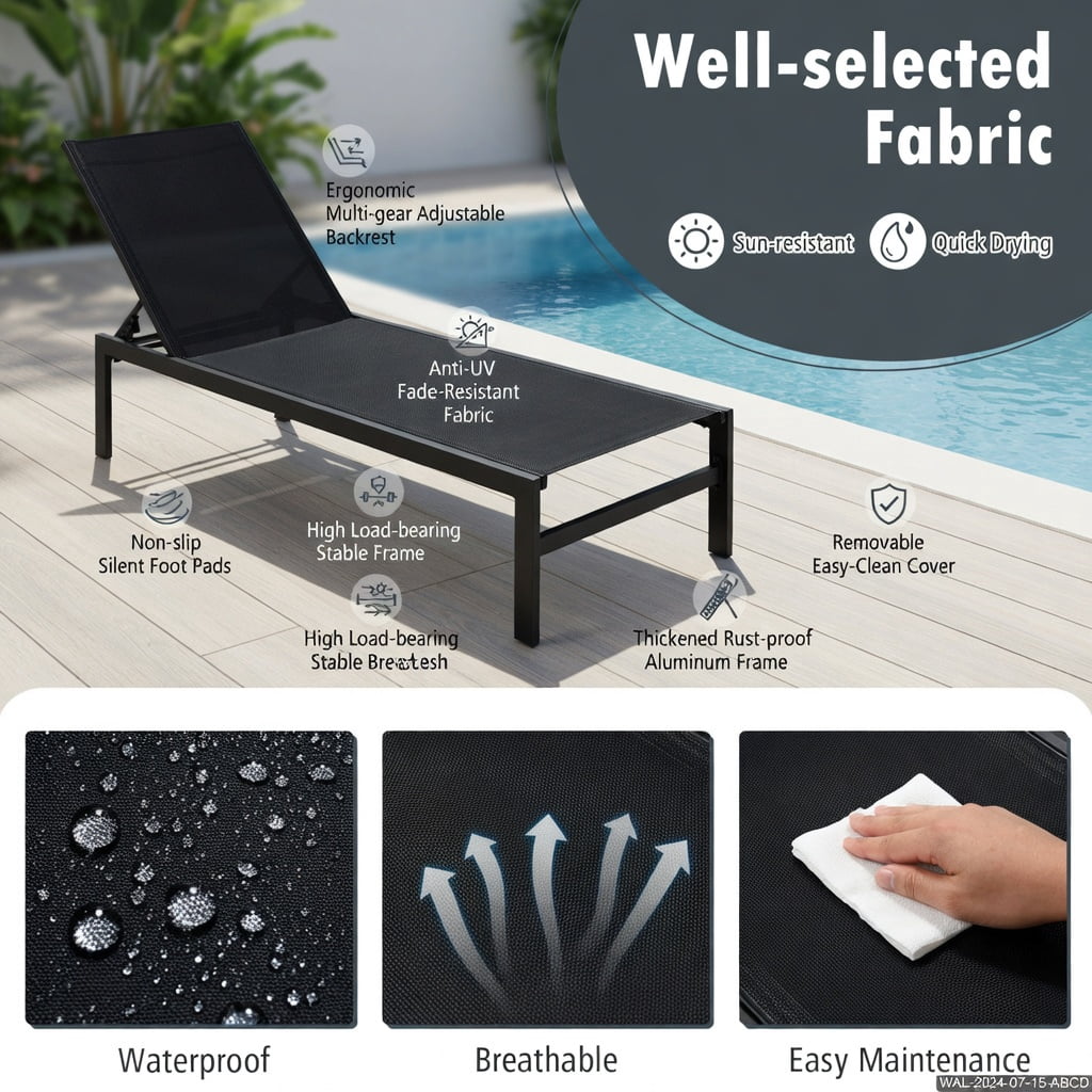 Hommoo 6-Position Adjustable Chaise Lounge Chair with Rustproof Aluminum Frame, Outdoor Recliner for Patio, Poolside & Backyard, Black