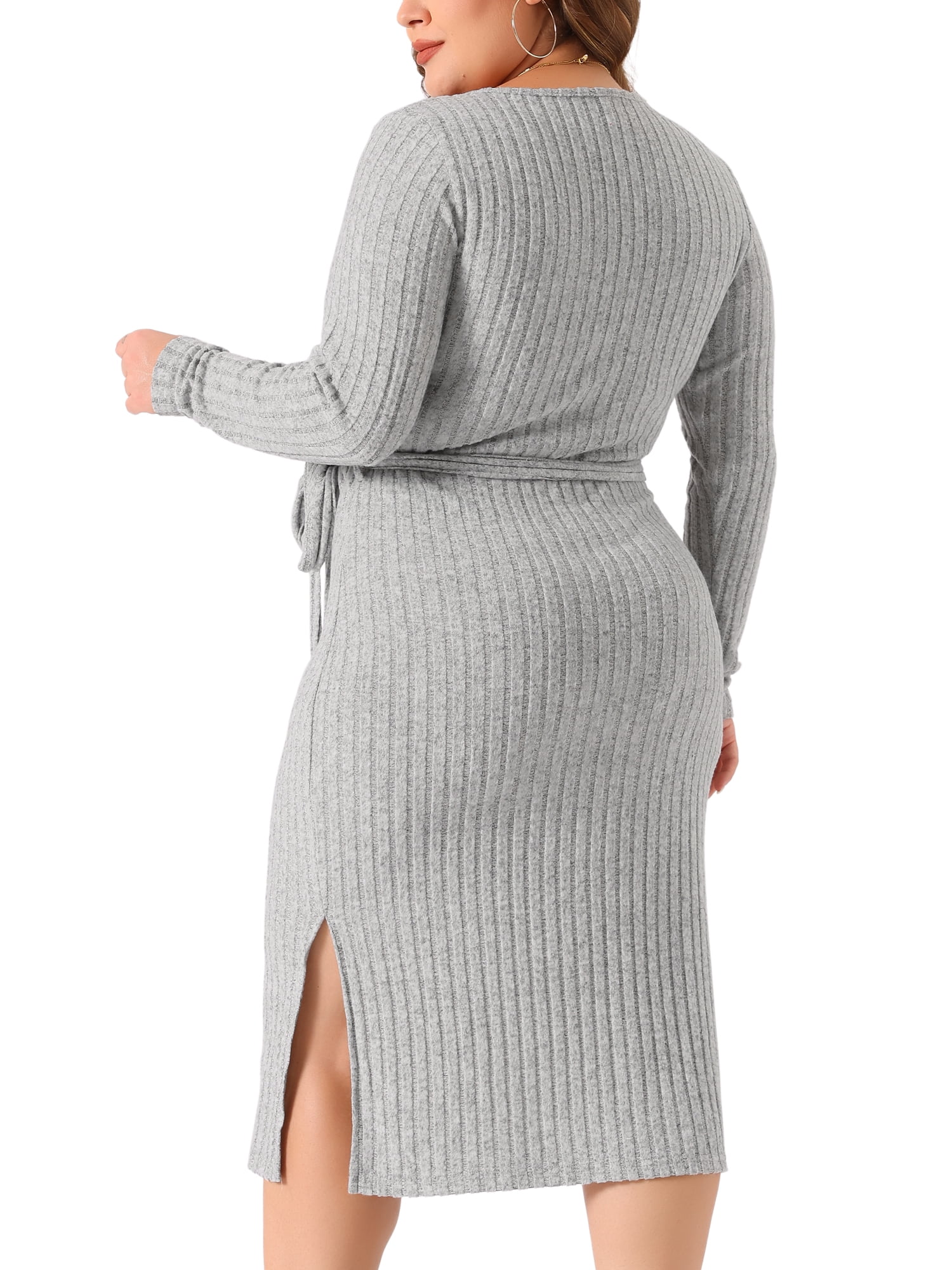 DARING DIVA Plus Size Round Neck Long Sleeve Ribbed Knit Midi Dress 1X Gray