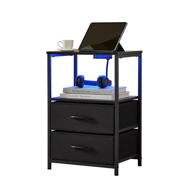 Mesa de Noche Negra con Iluminación LED, Enchufe y USB, Ideal para Sala y Dormitorio