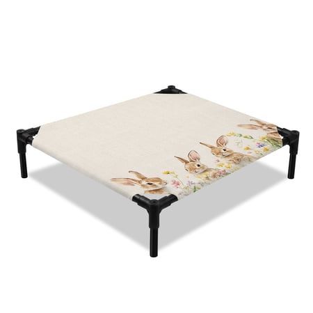 Spring Easter Elevated Dog Bed Bunny Cute Rabbits Wildflowers Retro Cooling Breathable Outdoor Raised Dog Cot Bed with Metal Frame Non-Slip Feet for Small Dog 20x20in