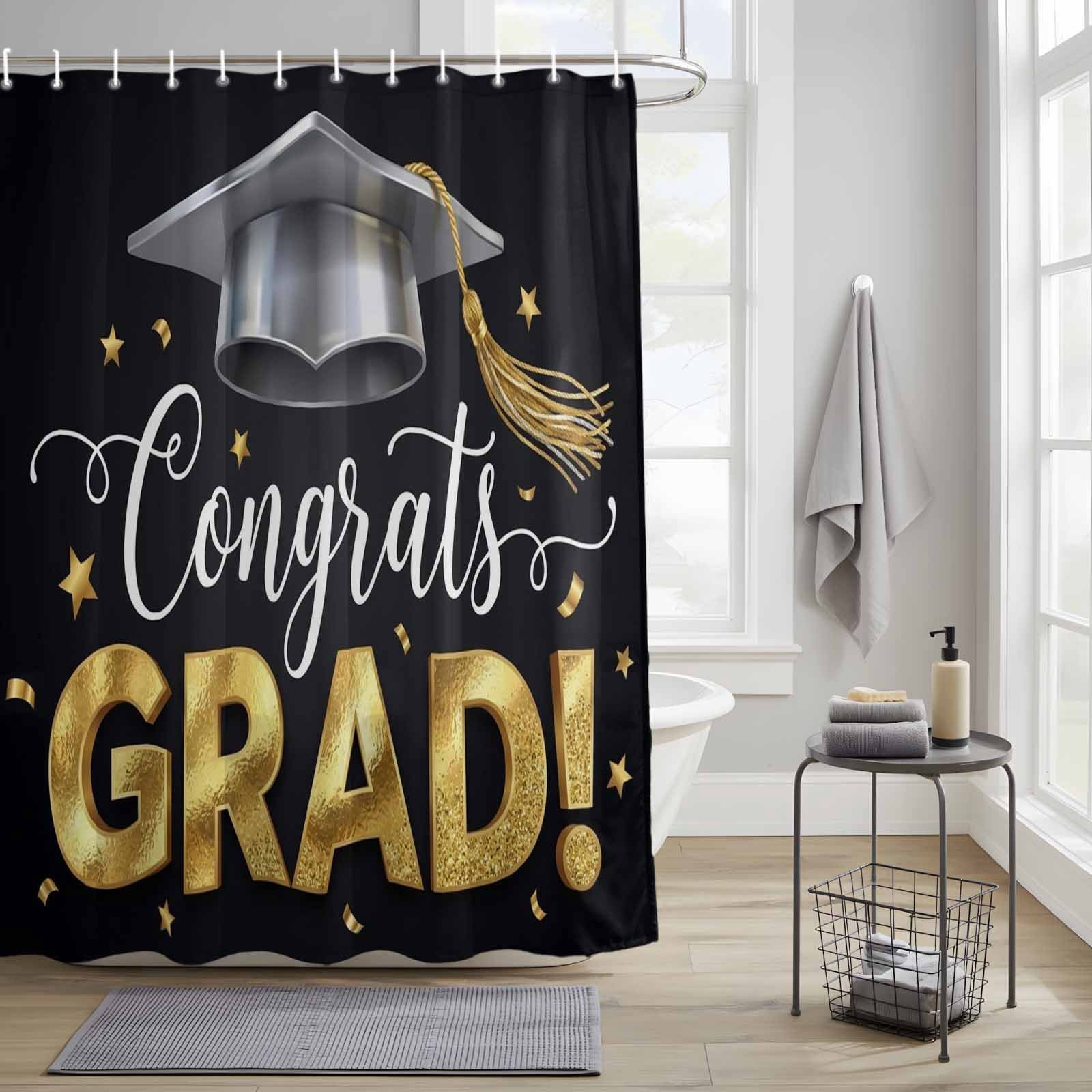 Graduate Season Shower Curtain, Congrats Grad Bachelor's Cap Celebration Black Waterproof Shower Curtain Set with 12 Hooks Lightweight Bath Curtains Fabric Bathroom Decor 72x78 Inches