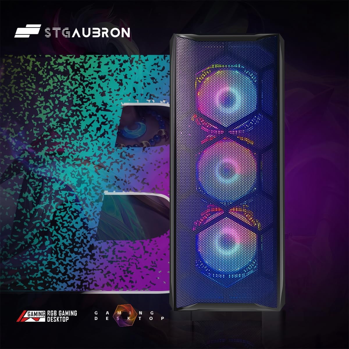 STGAubron Gaming Tower PC, Intel Core I7 up to 3.9 Ghz, Radeon RX 580 8G Graphics, 16G Ram, 512G Ssd, Wifi, Bt 5.0, RGB Fan x6, W11H64