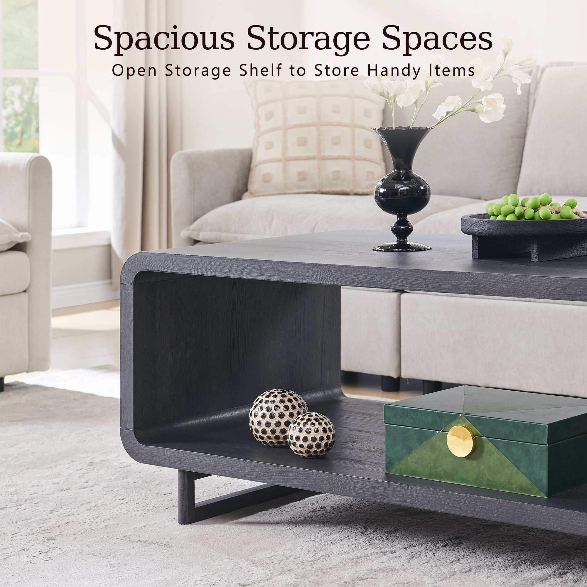 SinCiDo Modern Coffee Table with Storage Shelf, 2-Tier Wooden Rectangular Minimalist Center Table, Curved Profile Design for Living Room, Office, Grey