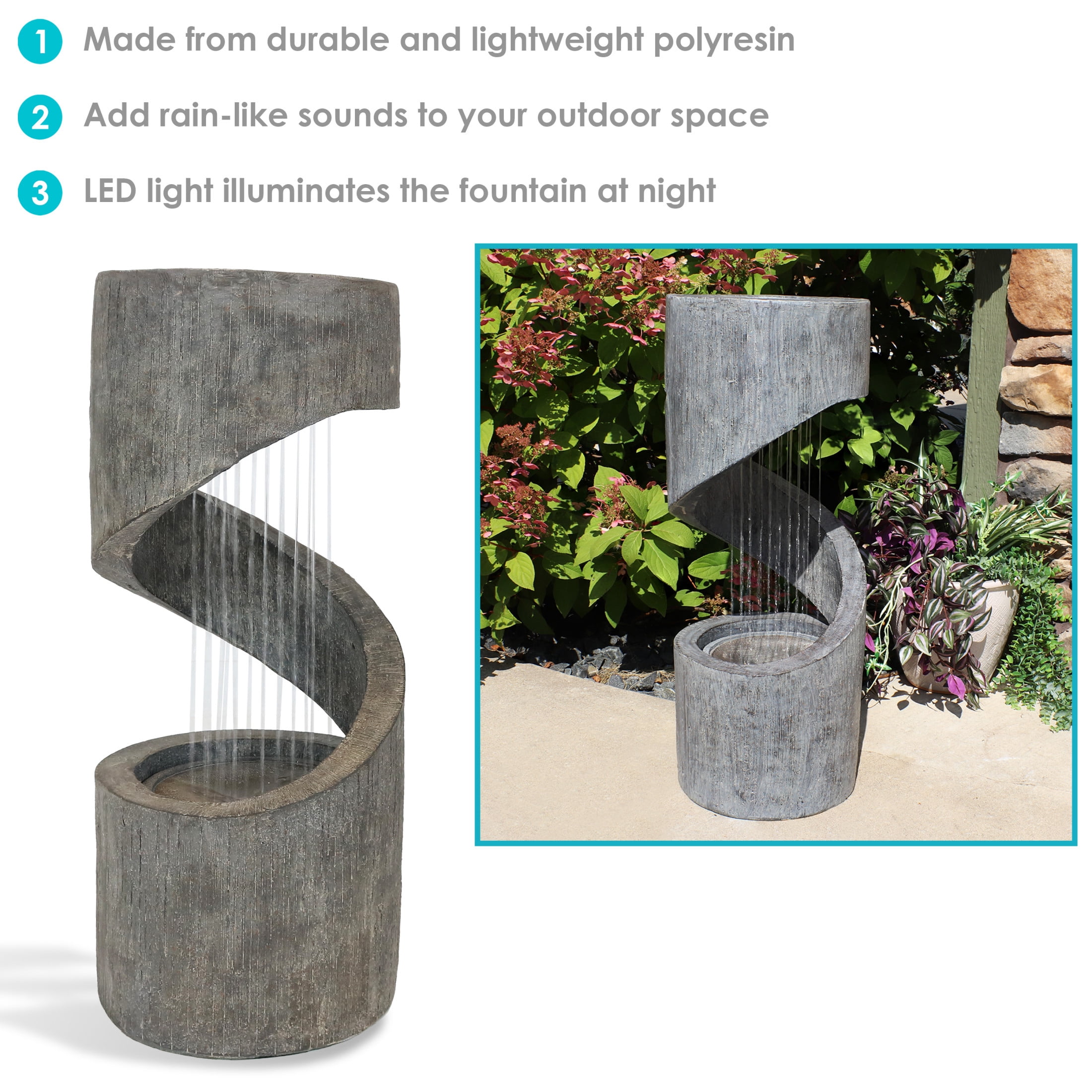 Sunnydaze Showering Spiral Polyresin Outdoor Water Fountain with Light