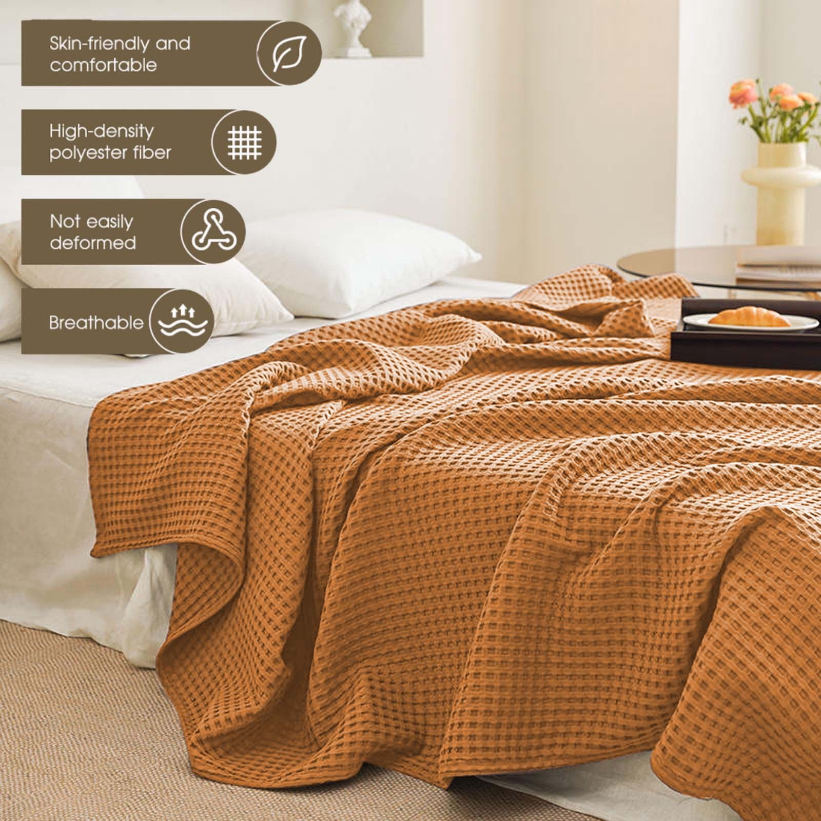Loyerfyivos Cotton Blankets Queen Size for Bed - Waffle Weave Blankets for Summer, Lightweight and Breathable Soft Woven Blankets for Spring, White, 43.31x59.05in (Orange)