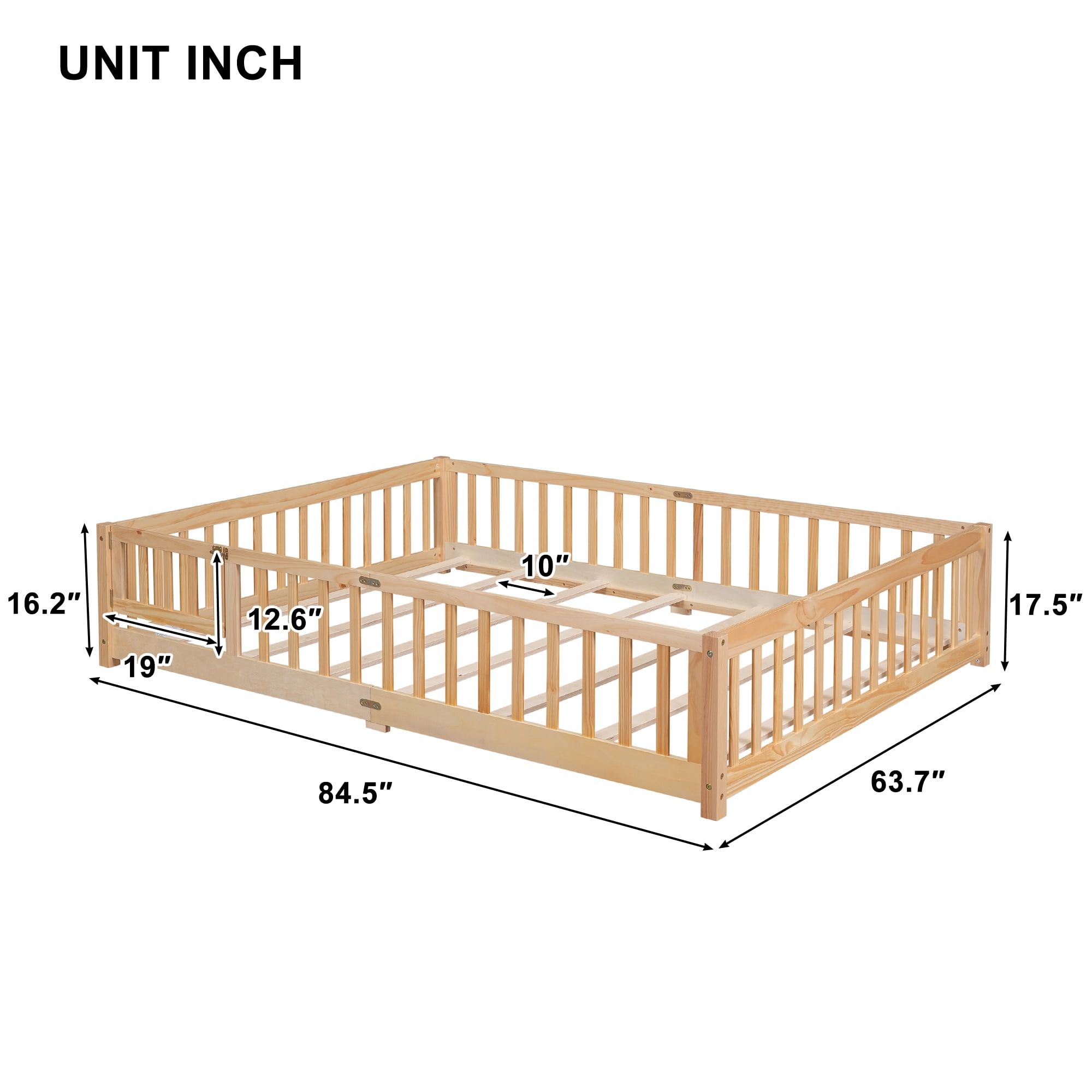 Miniyam Wood Queen Size Floor Bed with Safety Guardrails for Toddler, Natural
