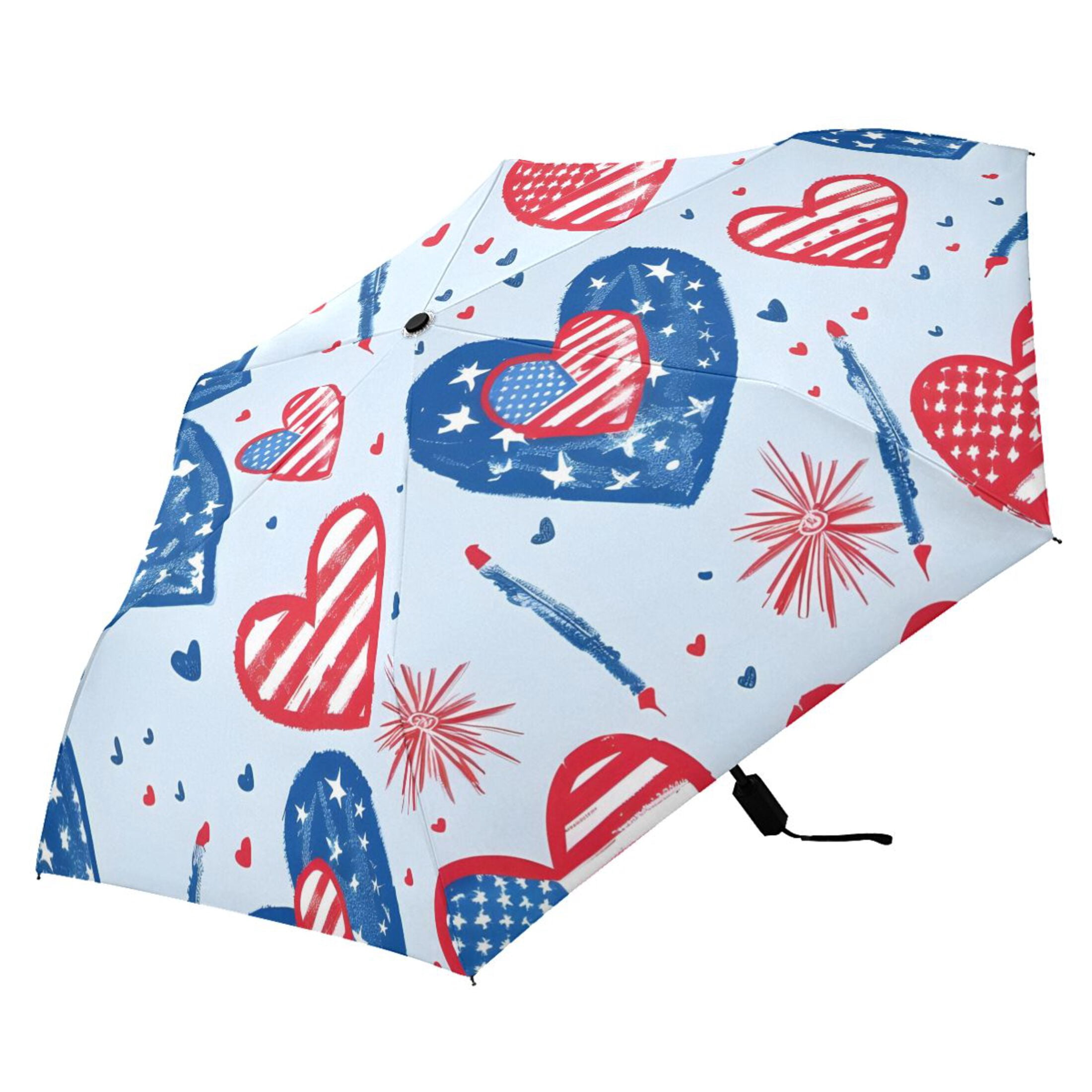 American Flag Heart Compact Sun Umbrella Windproof Travel Umbrellas for Rain Strong Portable UV Protection