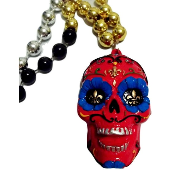 Red Sugar Skull Day of the Dead Mardi Gras Beads Party Favor Necklace