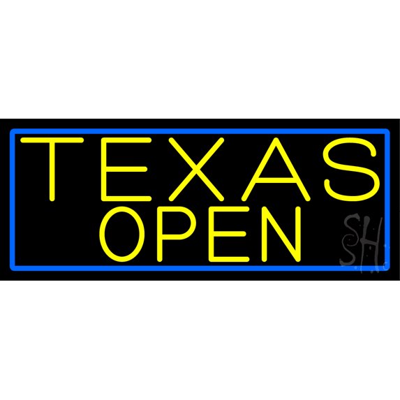 Yellow Texas Open With Blue Border LED Neon Sign 10 x 24 - inches, Clear Edge Cut Acrylic Backing, with Dimmer - Bright and Premium built indoor LED Neon Sign for Bar decor.