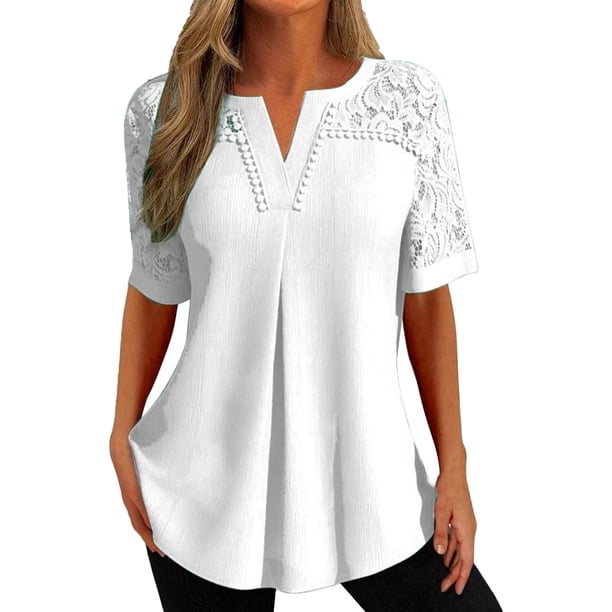 Gibobby Camisetas Mujer Manga Corta Camiseta manga corta hueca encaje color a la moda y comodidad verano para mujer(Blanco,M)