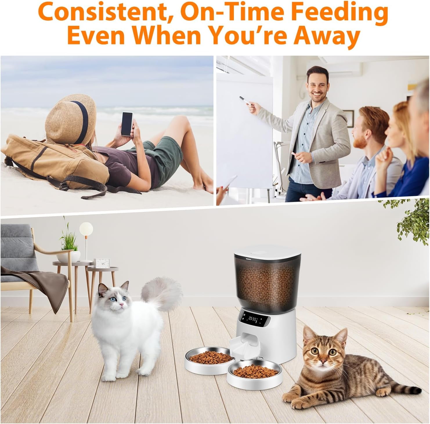 Automatic Cat Feeders for Two Cats, 5L/20 Cups Double Automatic Cat Food Dispenser with 2 Stainless Bowls, Timer Setting 20 Portions 6 Meals Per Day, 10s Meal Call, Pet Feeder for Cat