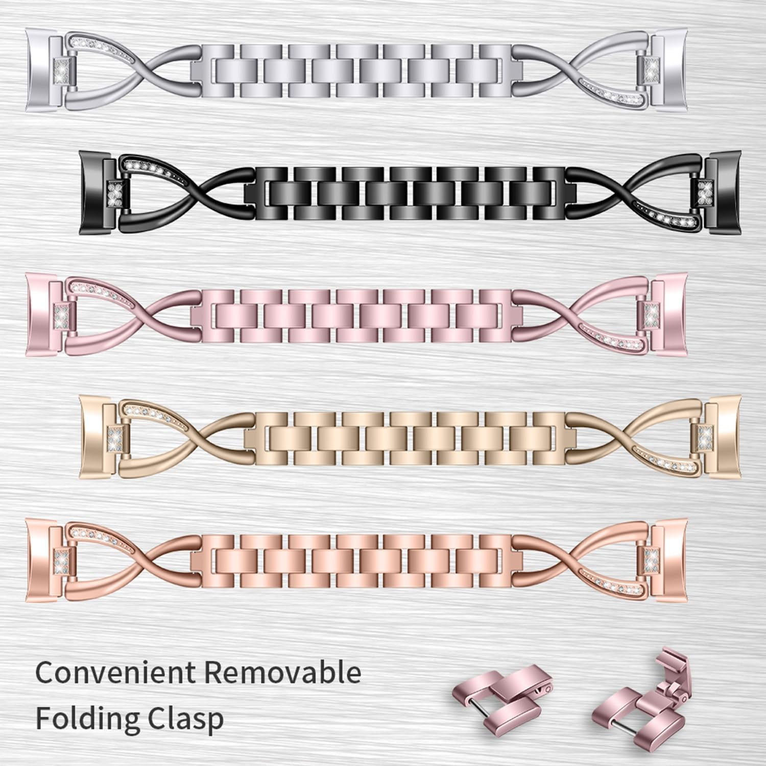 REQO Bling Bands Compatible with Fitbit Charge 6/Charge 5, Shinny Metal Bracelet Straps Luxurious Rhinestone Replacement Wristband for Women