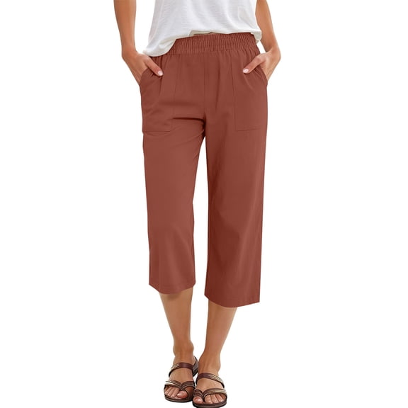 Capris Pants for Women Summer Casual Loose Linen Elastic High Waist Straight Leg 2026 Lounge Beach Cropped Trousers Ginger XL