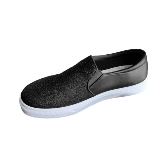 Black Ladies Glitter Slip On Loafers Round Toe Lightweight Solid Color Casual Four Season Shallow Mouth Footwear