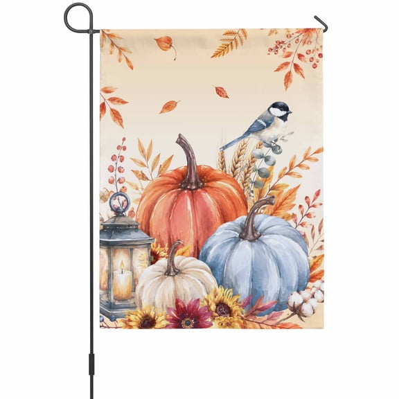 Fall Harvest Garden Flag 12 x 18 Inches, Thanksgiving Orange Blue Pumpkins Leaves Bird Ombre Weather Proof Outdoor Patio Flags Double Sided Small Garden Decoration for Yard Outside Home