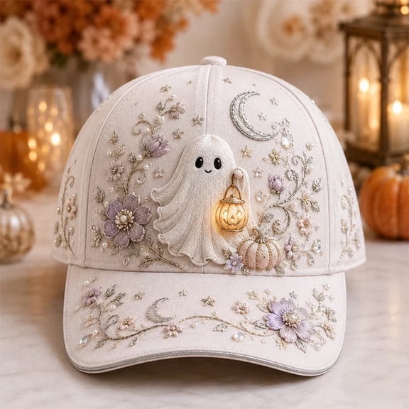 2D Halloween Embroidered Baseball Cap for Women, Adjustable Cotton Hat with Witch, Ghost, Pumpkin & Bat Design(a)