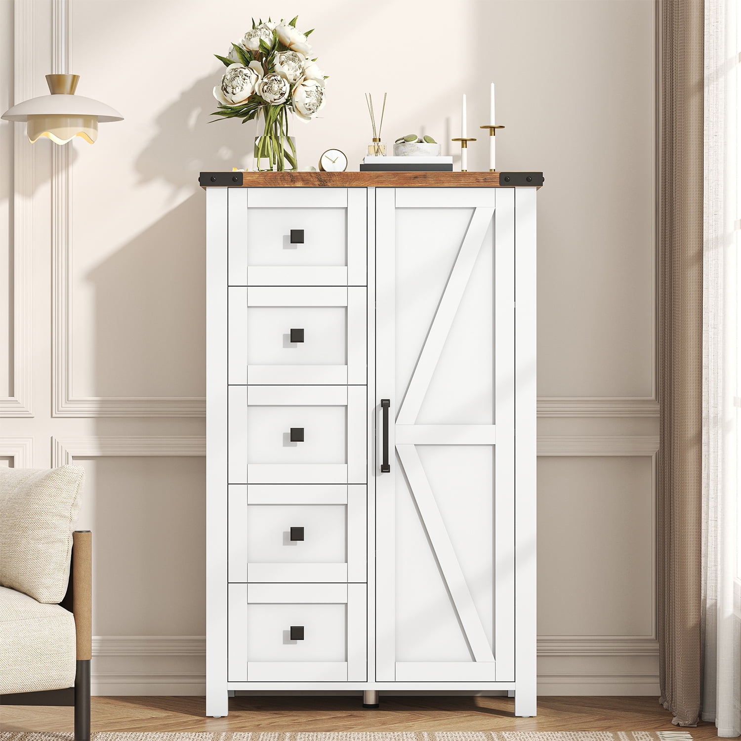 Winkalon 5 Drawers Dresser Chests for Home Bedroom, Farmhouse Wood Rustic Tall Chest of Drawers, Pull Storage Cabinet,White