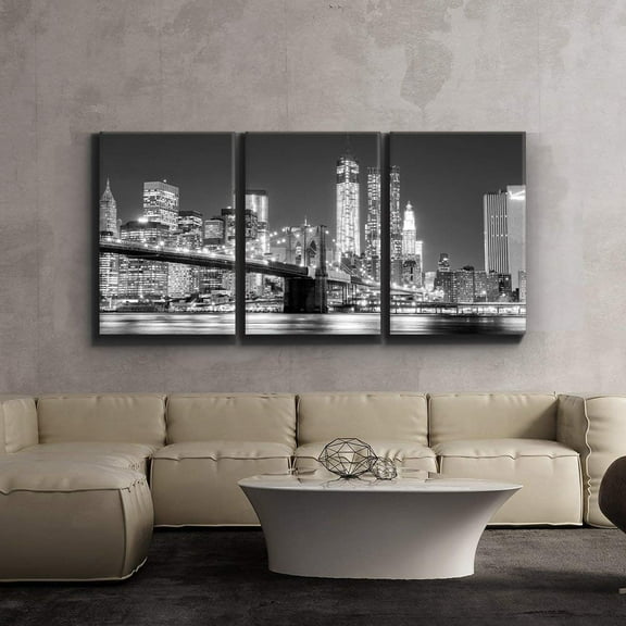 wall26 3 Piece Canvas Print - Contemporary Art, Modern Wall Art - Black and White Manhattan Skyline and Brooklyn Bridge - Giclee Artwork - Gallery Wrapped Wood Stretcher Bars 16"x24"x3 Pane