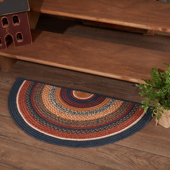 VHC Brands Stratton Primitive Jute Blue Red Striped Accent Rug for Entryway Kitchen Bathroom, Rustic Decor - Half Circle 16.5"x33"