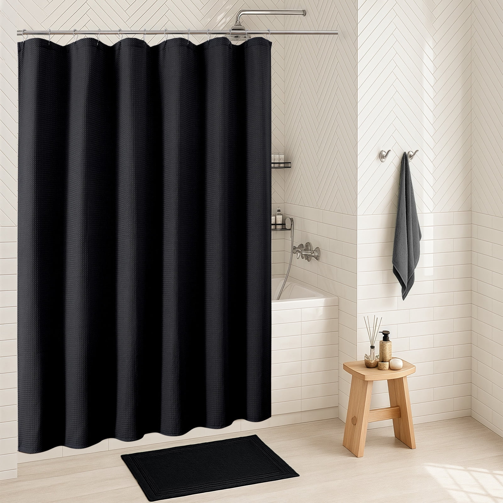 OVZME Black Extra Long Waffle Textured Cloth Shower Curtain - 96 Inch Long Hotel Luxury Heavy Duty Soft Fabric Shower Curtains for Bathroom, 72"Wx96"H, Black