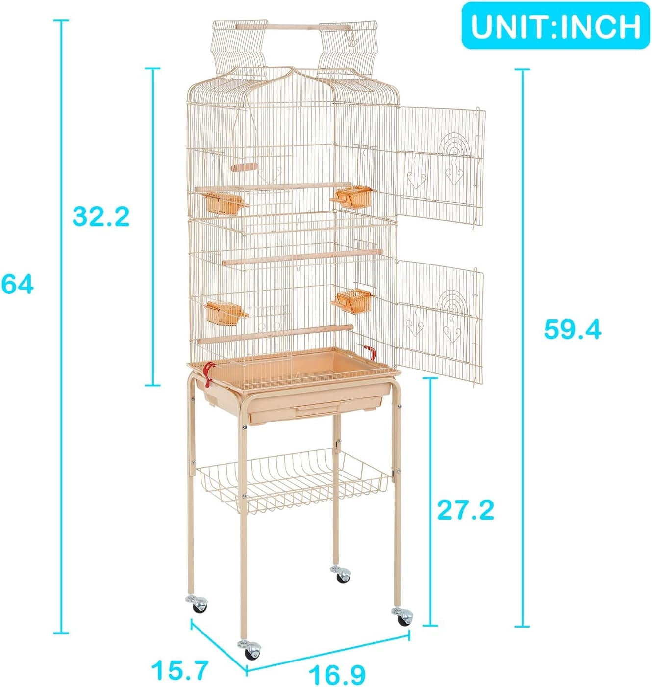 NiamVelo 64-inch Metal Bird Cage with Rolling Stand & Bottom Tray, Pet Storage Shelf Parrot Cage with Open Play Top for Lovebirds & Parakeets, Almond
