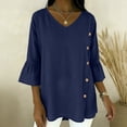 thumbnail image 6 of cocolona Womens Summer Linen Tops V Neck Ruffle 3/4 Sleeve Shirts Casual Loose Solid Color Side Button Blouses, 6 of 7