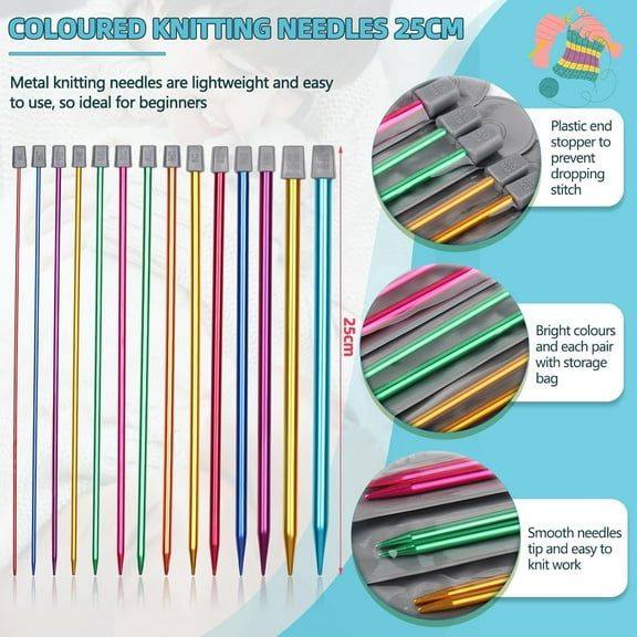 WEUVEB Straight Knitting Needles Set Aluminum Multi Sizes for Beginners and Experts 1 Set