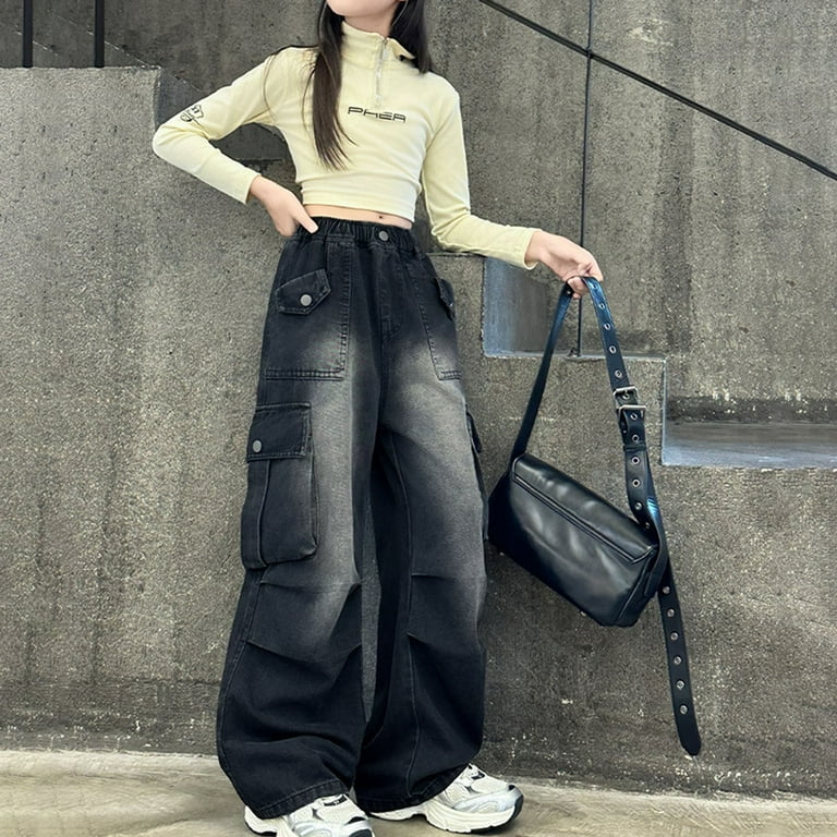 XXWXYD Girls Distressed Denim Cargo Jeans Baggy High Waist