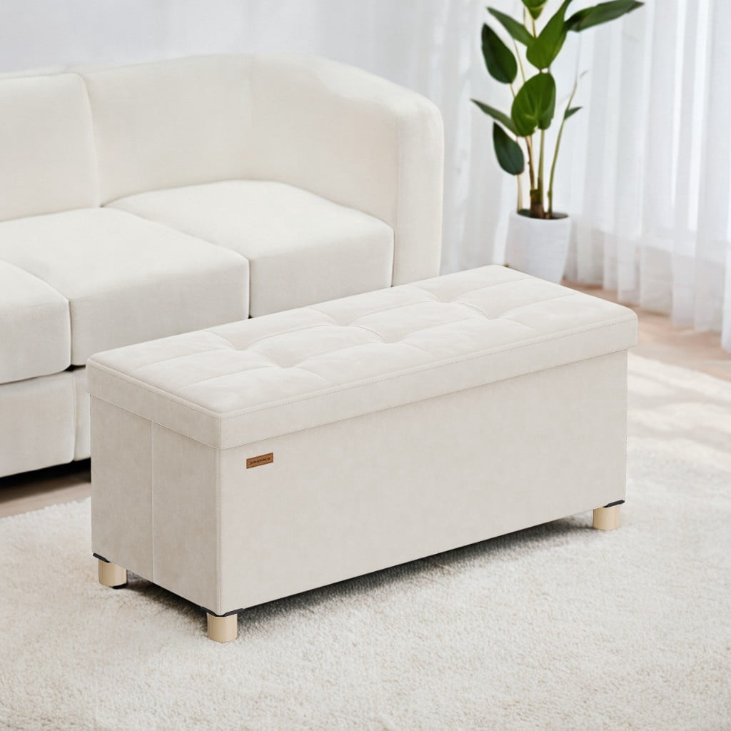 SONGMICS 30" Storage Ottoman Bench, Ottoman with Storage, 29 Gal Foot Rest Stool for Bedroom Living Room, Cappuccino Beige