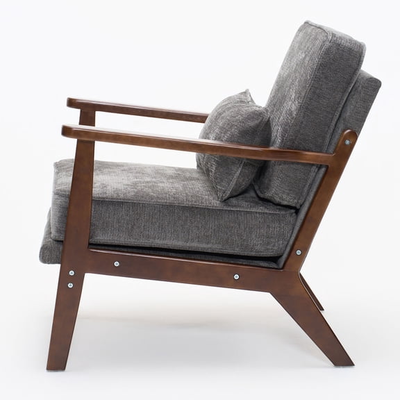 S-HOME Mid-Century Living Room Chair with Supportive Lumbar Pillow, Fabric Upholstered Armchair for Various Spaces, Antique Dark Grey