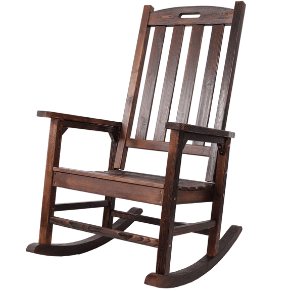 Wooden Oversized Porch Rocker Chair Wide Seat Tall Backrest Brown